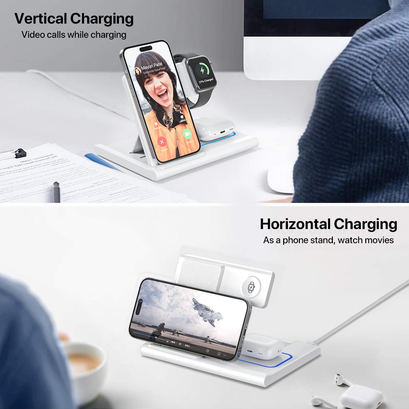 3 in 1 Fast Charging Station, Folding Travel Wireless Charger Stand for Iphone 15,14,13,12,11/Pro/Max/Plus,X,Xr,Xs/Max,Se,8/Plus,Apple Watch 1-8,Airpods 3/2/Pro(No Adaptor,White)