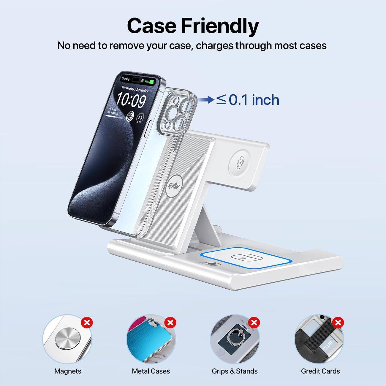 3 in 1 Fast Charging Station, Folding Travel Wireless Charger Stand for Iphone 15,14,13,12,11/Pro/Max/Plus,X,Xr,Xs/Max,Se,8/Plus,Apple Watch 1-8,Airpods 3/2/Pro(No Adaptor,White)