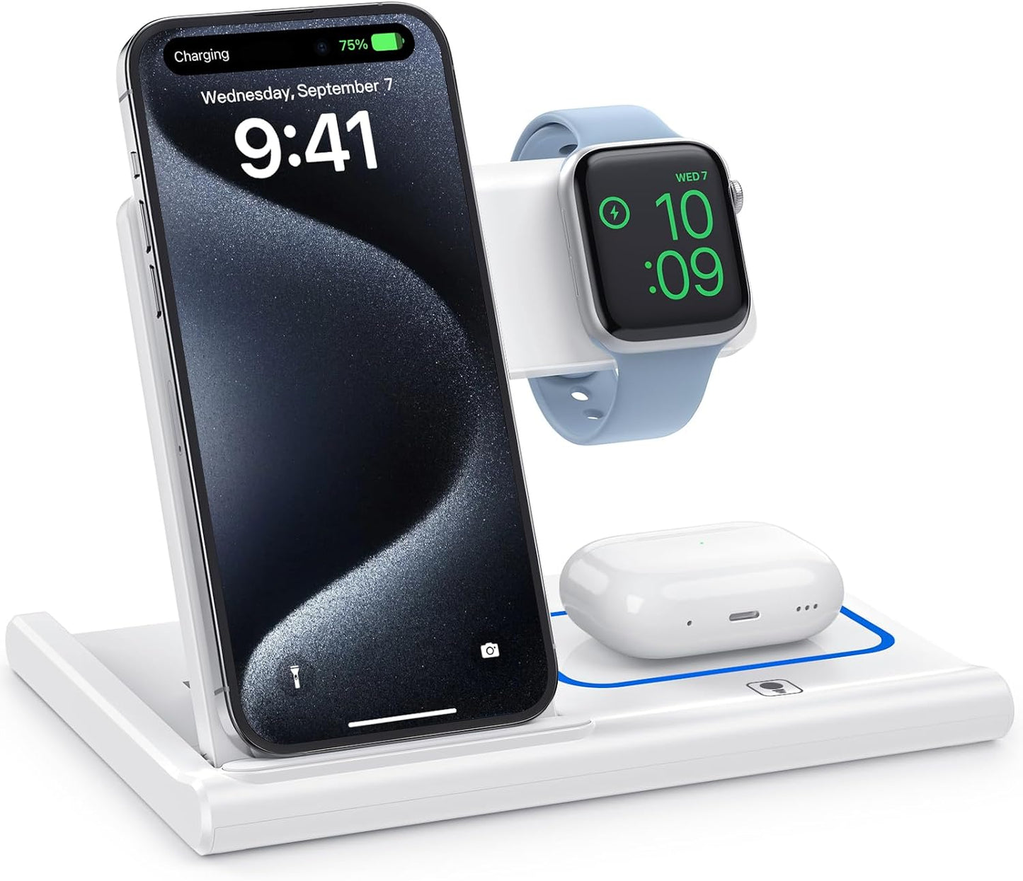 3 in 1 Fast Charging Station, Folding Travel Wireless Charger Stand for Iphone 15,14,13,12,11/Pro/Max/Plus,X,Xr,Xs/Max,Se,8/Plus,Apple Watch 1-8,Airpods 3/2/Pro(No Adaptor,White)